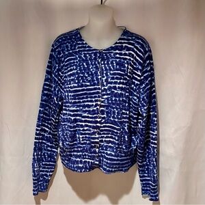 Calvin Klein Blue and White Tie Dye Print Cardigan with Rhinestone Buttons